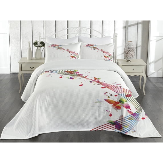 Ambesonne Music Quilted Coverlet 3 Pcs, Colorful Notes Butterfly, Queen Size, Multicolor