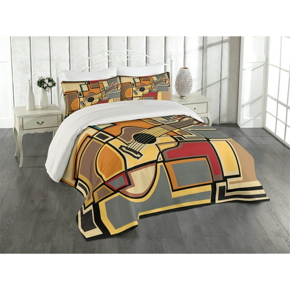 Ambesonne Music Quilted Coverlet 3 Pcs, Geometric Guitar Funky, King Size, Multicolor
