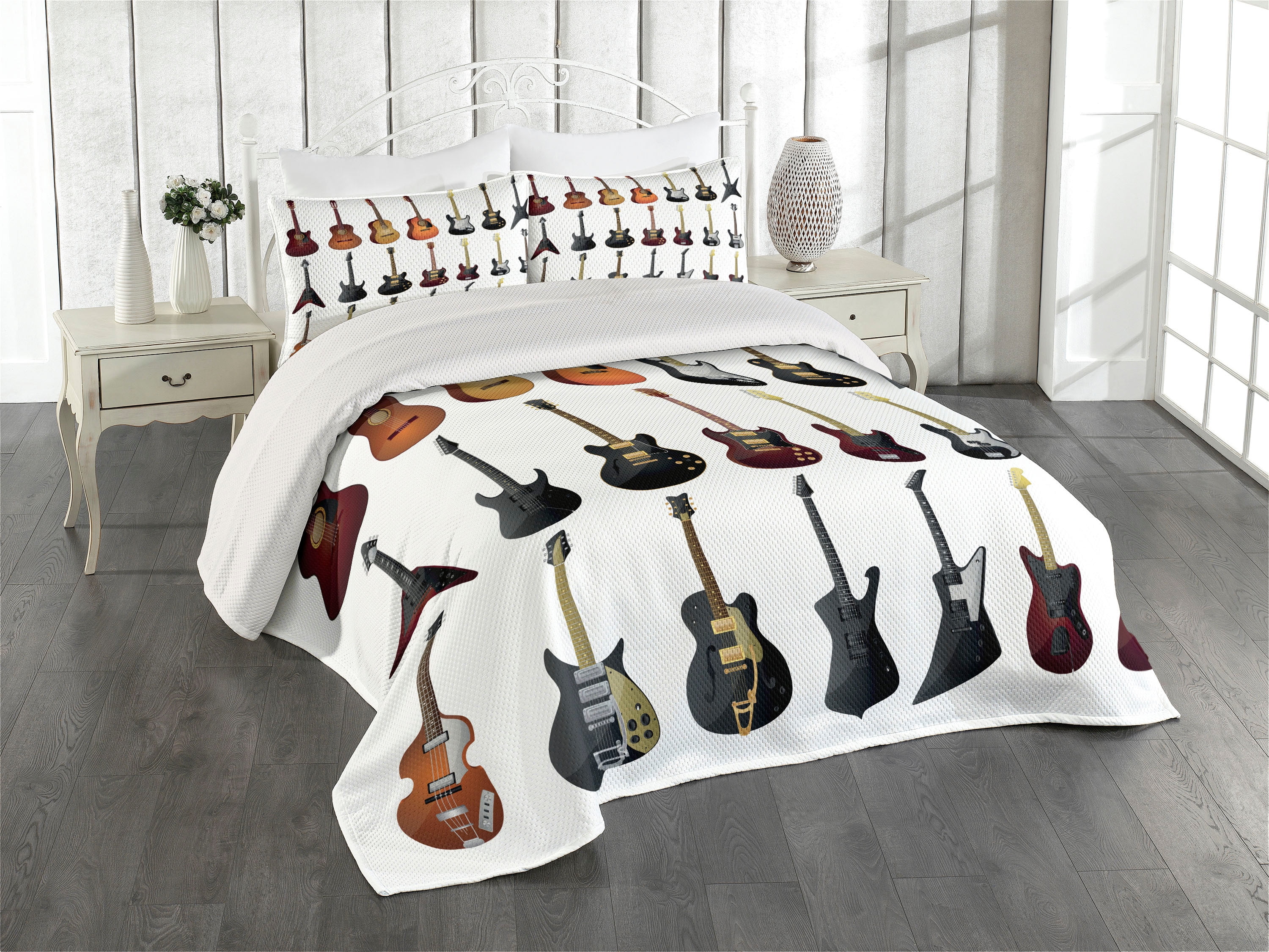 King Size White Quilted Bedspread Set with Guitar Print