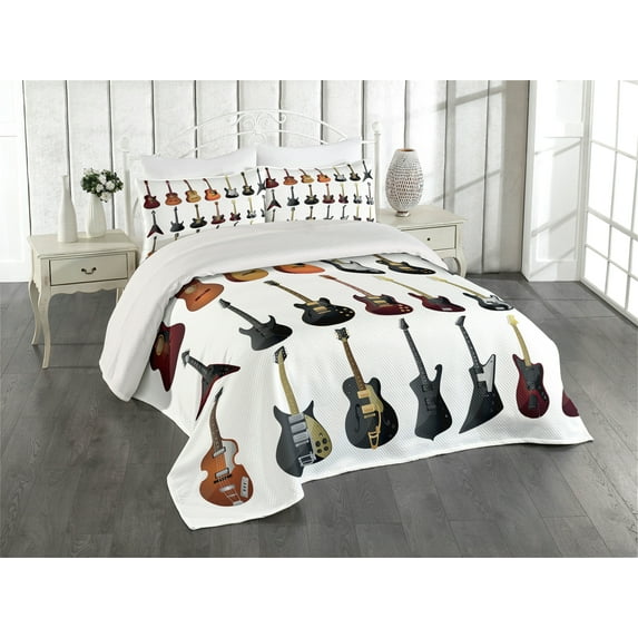 Ambesonne Music Quilted Coverlet 3 Pcs, Guitars Rock and Jazz, Queen Size, Multicolor