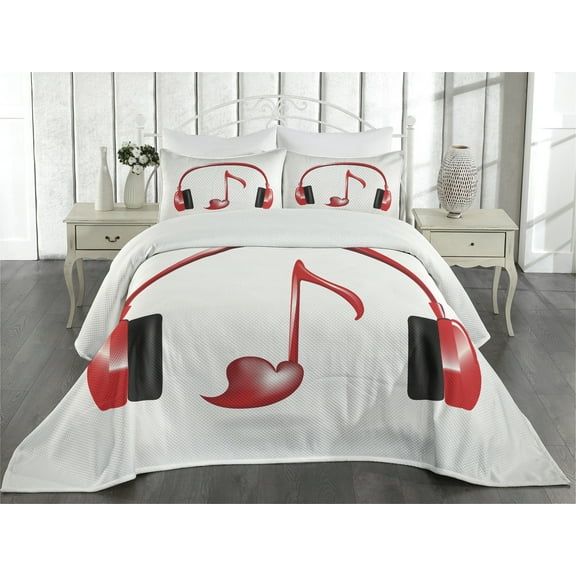 Ambesonne Music Quilted Coverlet 3 Pcs, Love Sound Headphones, Queen Size, Red Black Grey