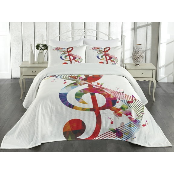 Ambesonne Music Quilted Coverlet 3 Pcs, Notes Rhythm Art, King Size, Multicolor