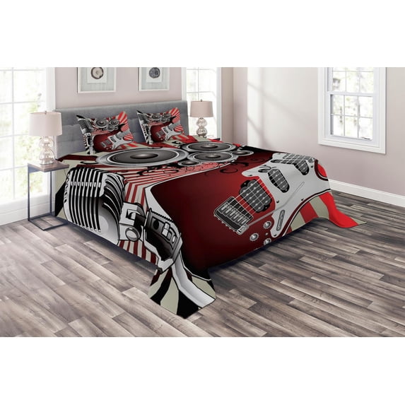 Ambesonne Music Quilted Coverlet 3 Pcs, Old Vintage Loudspeaker, King Size, Burgundy Beige Grey