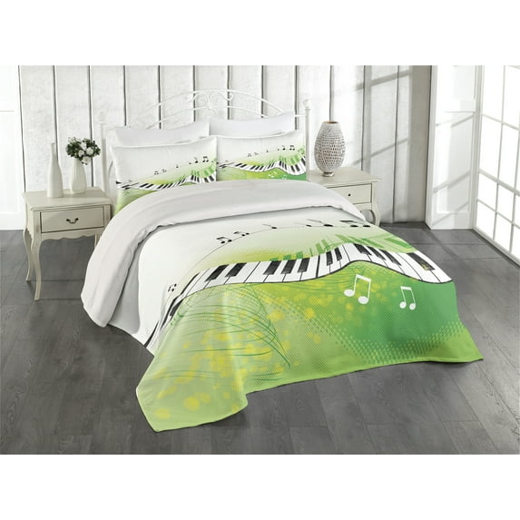 Ambesonne Music Quilted Coverlet 3 Pcs, Piano Keys Green Curvy, King Size, Lime Green Black White