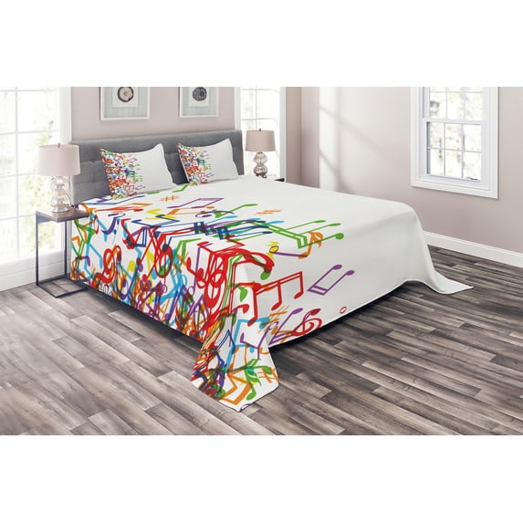Ambesonne Music Quilted Coverlet 3 Pcs, Rhthm Tempo Melody, Queen Size, Multicolor White