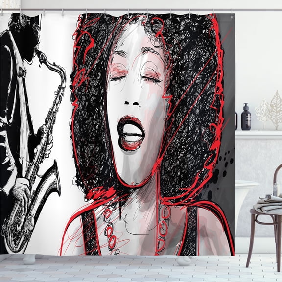Ambesonne Music Shower Curtain, Afro Lady Sings Jazz Song, 69"Wx70"L, Pale Grey Black