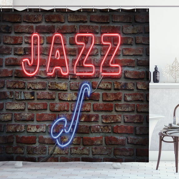 Ambesonne Music Shower Curtain, All Jazz Sign Brick Wall, 69"Wx70"L, Red Blue