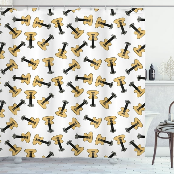 Ambesonne Music Shower Curtain, Cartoon Art Acoustic Guitars, 69"Wx70"L, White and Sand Brown