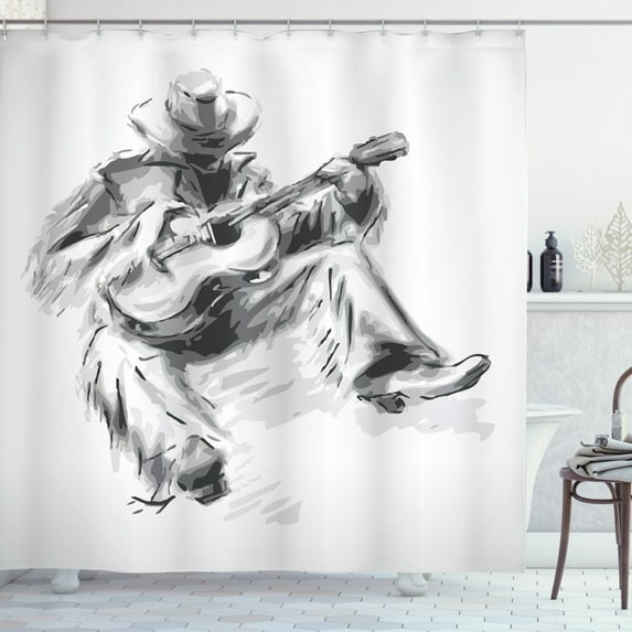 Ambesonne Music Shower Curtain, Cowboy and Guitar Eastern, 69"Wx70"L, Black and Pale Grey