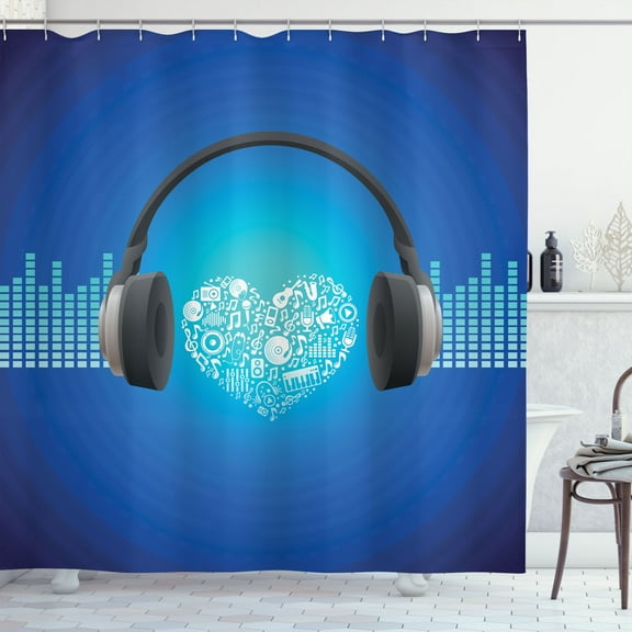 Ambesonne Music Shower Curtain, Heart Earphones, 69"Wx75"L, Royal Blue and Grey