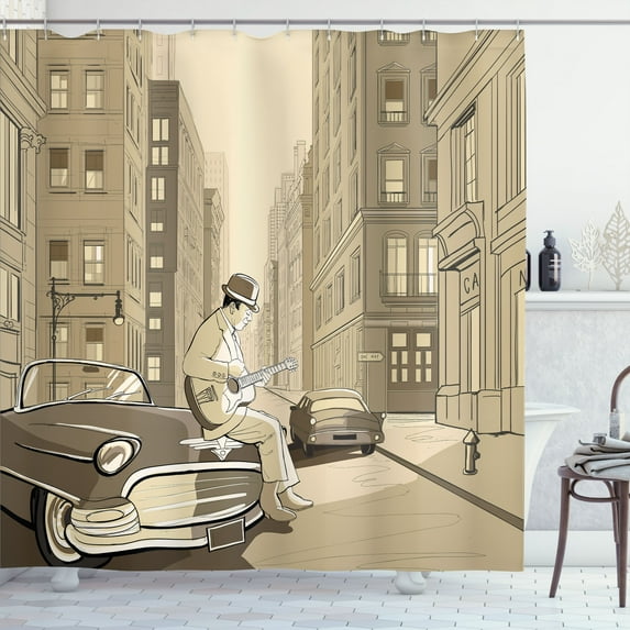 Ambesonne Music Shower Curtain, Old Street of New York, 69"Wx70"L, Beige