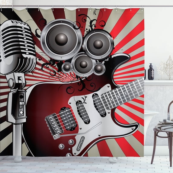Ambesonne Music Shower Curtain, Old Vintage Loudspeaker, 69"Wx84"L, Burgundy Beige Grey