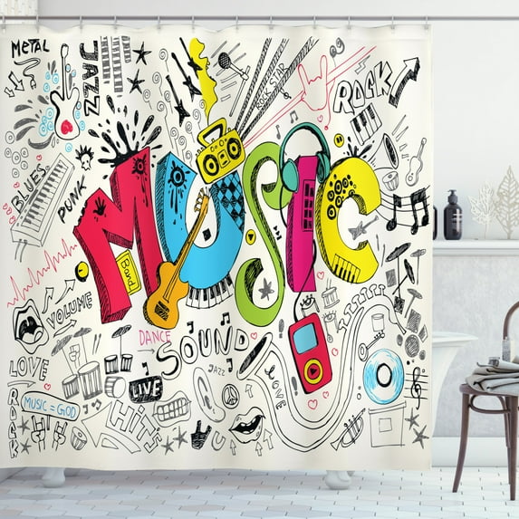 Ambesonne Music Shower Curtain, Pop Art Doodle Style Art, 69"Wx75"L, Multicolor