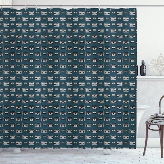 Ambesonne Music Shower Curtain, Retro Tape Cassette Motifs, 69"Wx84"L, Dark Teal Pale Grey