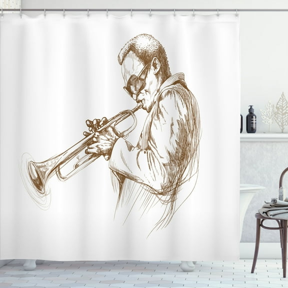 Ambesonne Music Shower Curtain, Sketchy Solo Jazz Band, 69"Wx70"L, Green Brown White