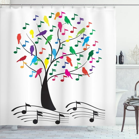 Ambesonne Music Shower Curtain, Tree with Notes Happiness, 69"Wx70"L, Multicolor