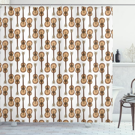 Ambesonne Music Shower Curtain, Wooden Acoustic Guitars Art, 69"Wx84"L, White Ecru and Pale Redwood