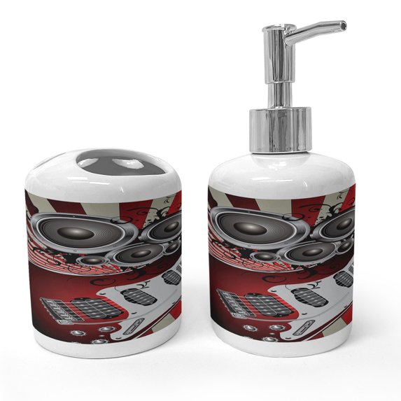Ambesonne Music Soap Dispenser & Toothbrush Holder Set, Old Vintage Loudspeaker, 2 Pcs, Burgundy Beige Grey