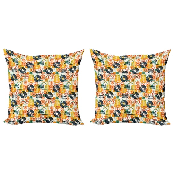 Ambesonne Music Throw Pillow Cover 2 Pack, Cassette Radio Vinyl, 16", Multicolor