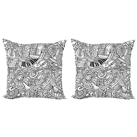 Ambesonne Music Throw Pillow Cover 2 Pack, Chaotic Doodle Musical, 18", Charcoal Grey White