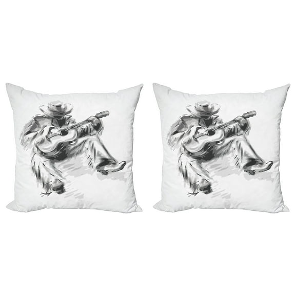 Ambesonne Music Throw Pillow Cover 2 Pack, Cowboy and Guitar Eastern, 18", Black and Pale Grey