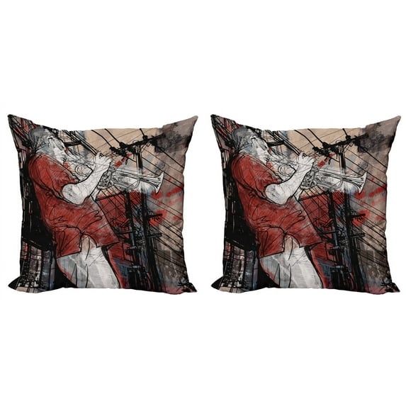 Ambesonne Music Throw Pillow Cover 2 Pack, Grunge Jazz Musician, 16", Red Black White