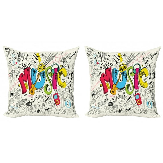 Ambesonne Music Throw Pillow Cover 2 Pack, Pop Art Doodle Style Art, 18", Multicolor