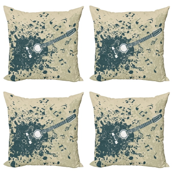 Ambesonne Music Throw Pillow Cover 4 Pack, Acoustic Guitar Notes, 24", Beige Dark Blue