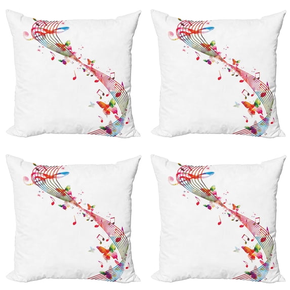 Ambesonne Music Throw Pillow Cover 4 Pack, Colorful Notes Butterfly, 20", Multicolor
