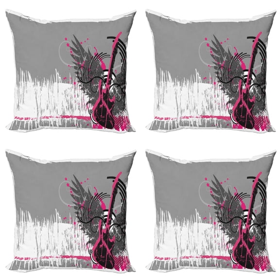Ambesonne Music Throw Pillow Cover 4 Pack, Emo Rock Trippy Grunge, 18", Dimgrey Hot Pink