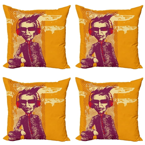 Ambesonne Music Throw Pillow Cover 4 Pack, Grotesque Man Headphones, 16", Marigold Maroon