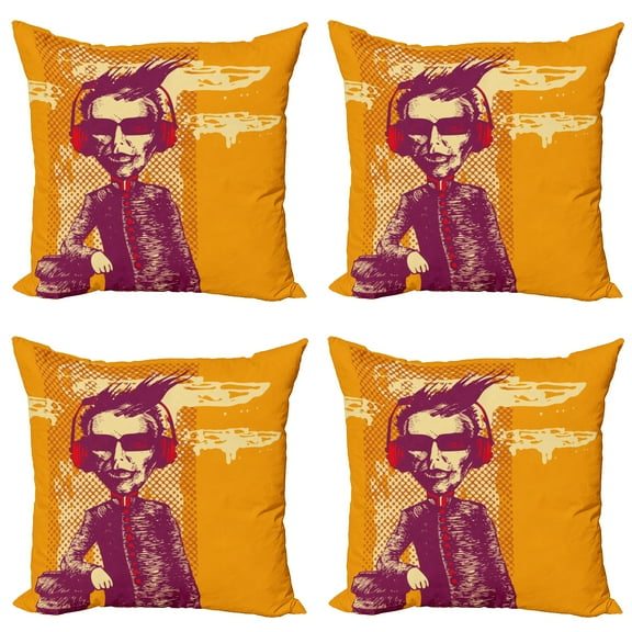 Ambesonne Music Throw Pillow Cover 4 Pack, Grotesque Man Headphones, 18", Marigold Maroon