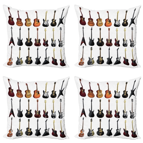 Ambesonne Music Throw Pillow Cover 4 Pack, Guitars Rock and Jazz, 20", Multicolor