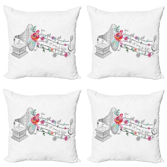 Ambesonne Music Throw Pillow Cover 4 Pack, Old Gramophone Player, 16", Grey Black White