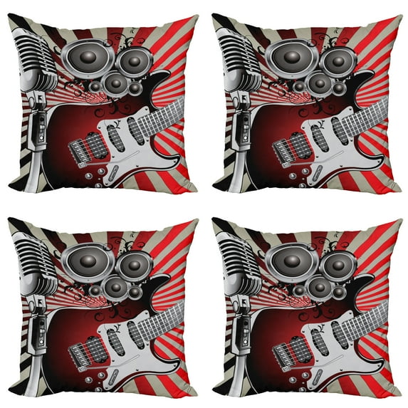 Ambesonne Music Throw Pillow Cover 4 Pack, Old Vintage Loudspeaker, 16", Burgundy Beige Grey
