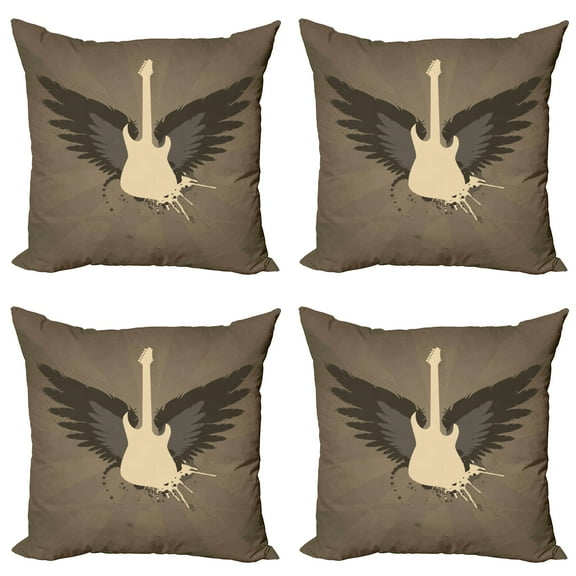 Ambesonne Music Throw Pillow Cover 4 Pack, Rock Talent Wings Guitar, 16", Charcoal Grey Mustard