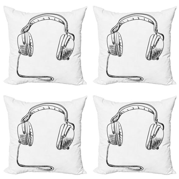 Ambesonne Music Throw Pillow Cover 4 Pack, Sketchy DJ Headphones, 20", Black White