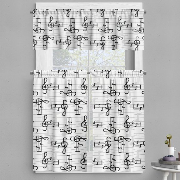 Ambesonne Music Valance & Curtain, Repeating Musical Clef Motif, 55"x30", Pearl Black White