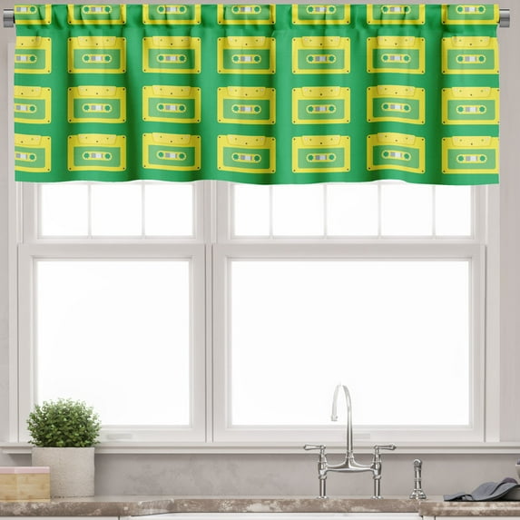 Ambesonne Music Valance Pack of 2, Retro Compact Audio Cassettes, 54"X18", Sea Green and Yellow