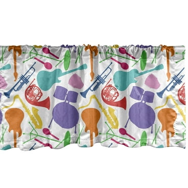 Ambesonne Music Window Valance, Colorful Instruments Bass, 54" X 18", Multicolor