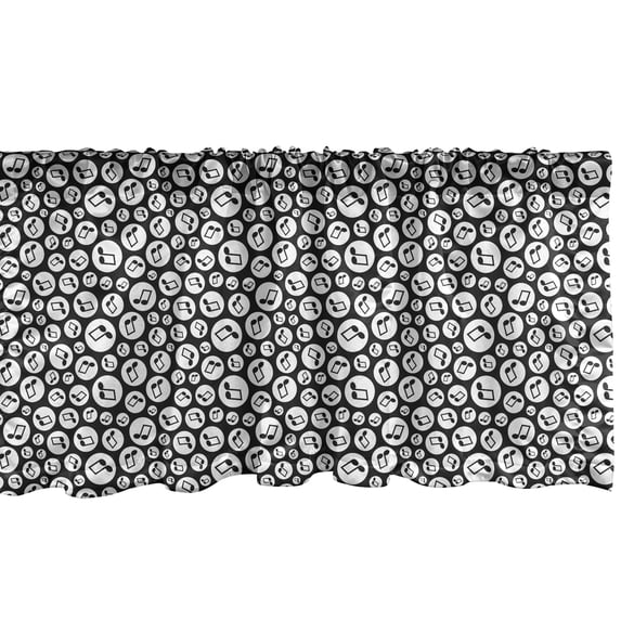 Ambesonne Music Window Valance, Fun Notes Circular Hoops, 54" X 18", Black White