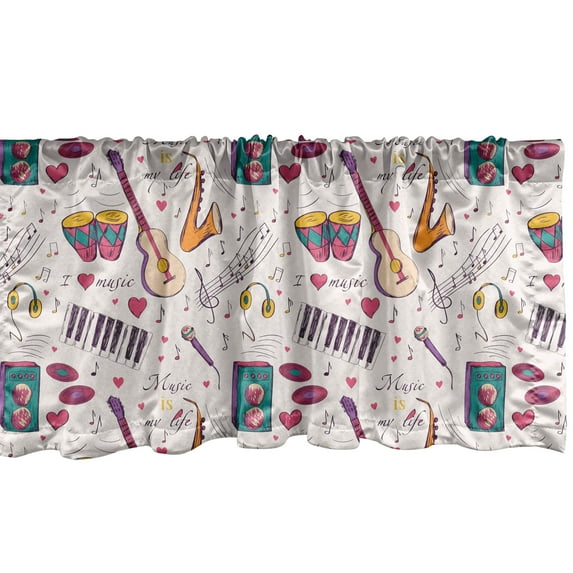 Ambesonne Music Window Valance, Instruments Drums Speakers Keyboard Headphones Records Blues Music is My Life Theme, Curtain Valance for Kitchen Bedroom Decor with Rod Pocket, 54" X 18", Multicolor