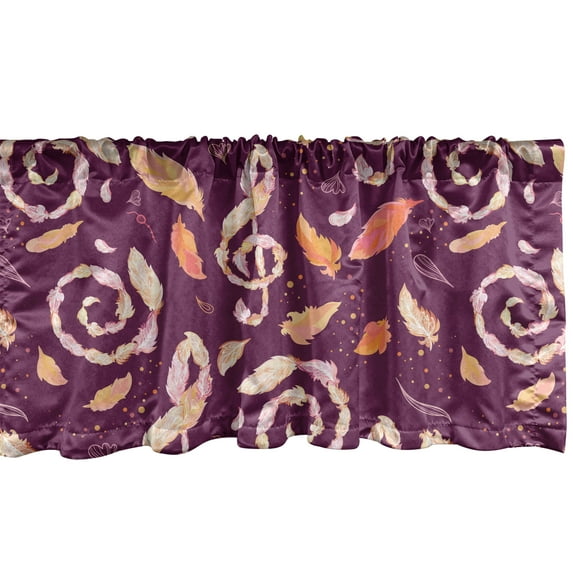 Ambesonne Music Window Valance with Rod Pocket, Treble Clef Feathers Colorful, 54" X 18", Dark Magenta Pale Ruby