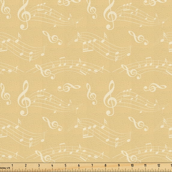 Ambesonne Musical Fabric by the Yard Upholstery, Pattern of Wavy Music Notes, 5 Yards, Pastel Brown and White