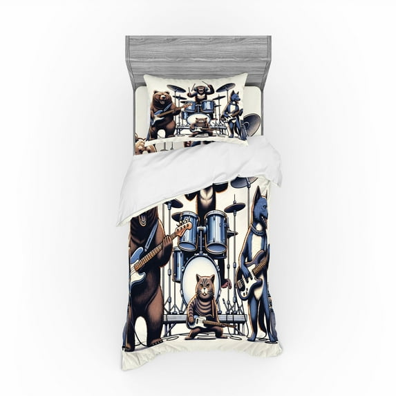 Ambesonne Musician Animals Bedding Set 3 Pcs, Wolf Bear Monkey, TwinXL, Lavender Blue Brown White