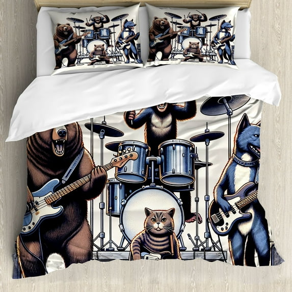 Ambesonne Musician Animals Duvet Cover Set, Wolf Bear Monkey, King, Lavender Blue Brown White
