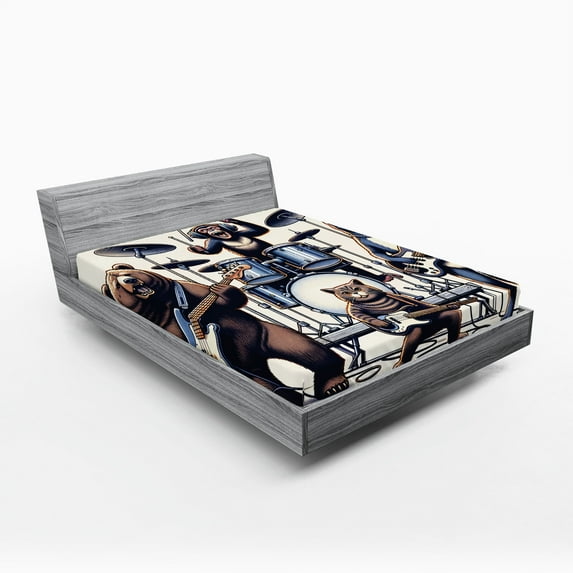 Ambesonne Musician Animals Fitted Sheet, Wolf Bear Monkey, Queen Size, Lavender Blue Brown White