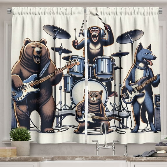 Ambesonne Musician Animals Kitchen Curtains, Wolf Bear Monkey, 55"x30", Lavender Blue Brown White