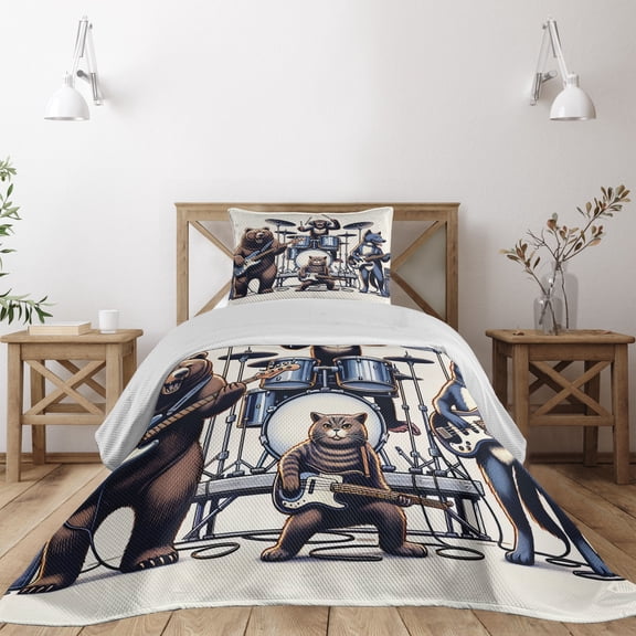 Ambesonne Musician Animals Quilted Coverlet 2 Pcs, Wolf Bear Monkey, Twin Size, Lavender Blue Brown White