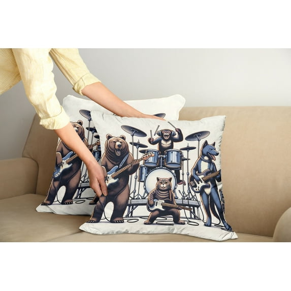 Ambesonne Musician Animals Throw Pillow Cover Pack of 2, Wolf Bear Monkey, 2 Pcs-16"x16", Lavender Blue Brown White